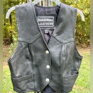 Russ & Rebels Leather Biker Vest Women’s M Black Harley Davidson Patch Bikercore